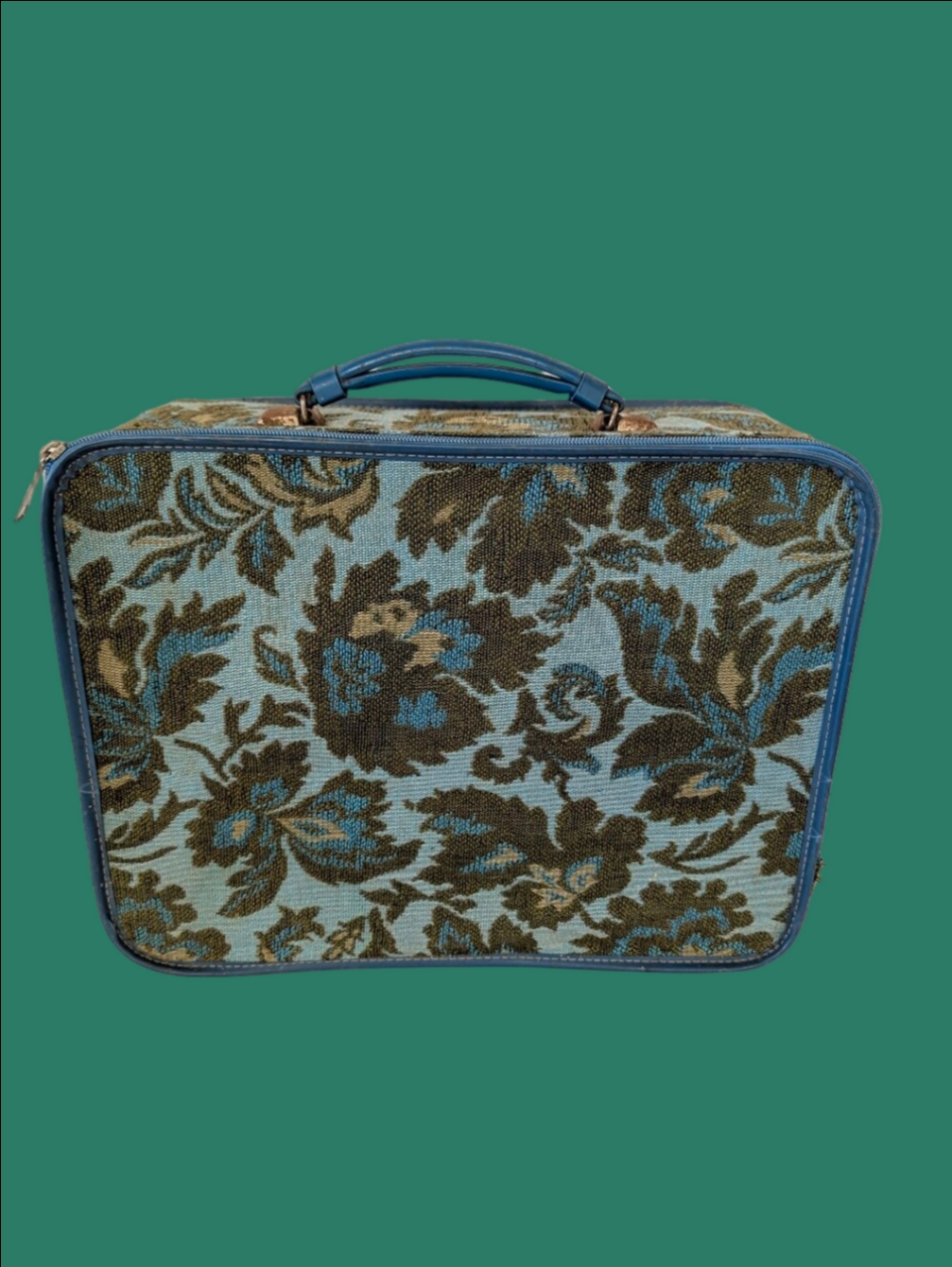 Vintage Suit Case Fabric Blue Floral Tapestry For Travel 1960s